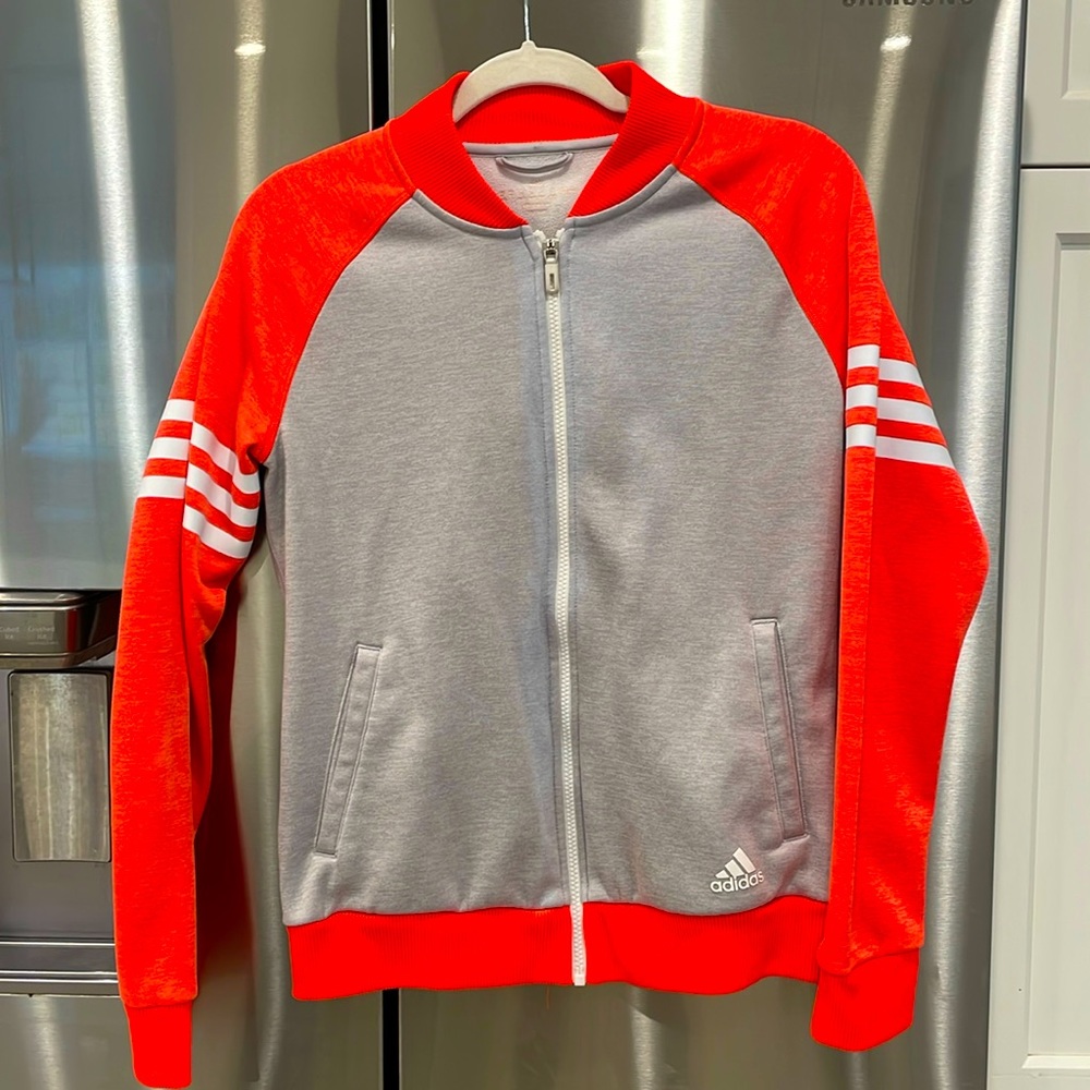 Adidas Gray and Bright Orange Zip Up Jacket sweatshirt Size Medium